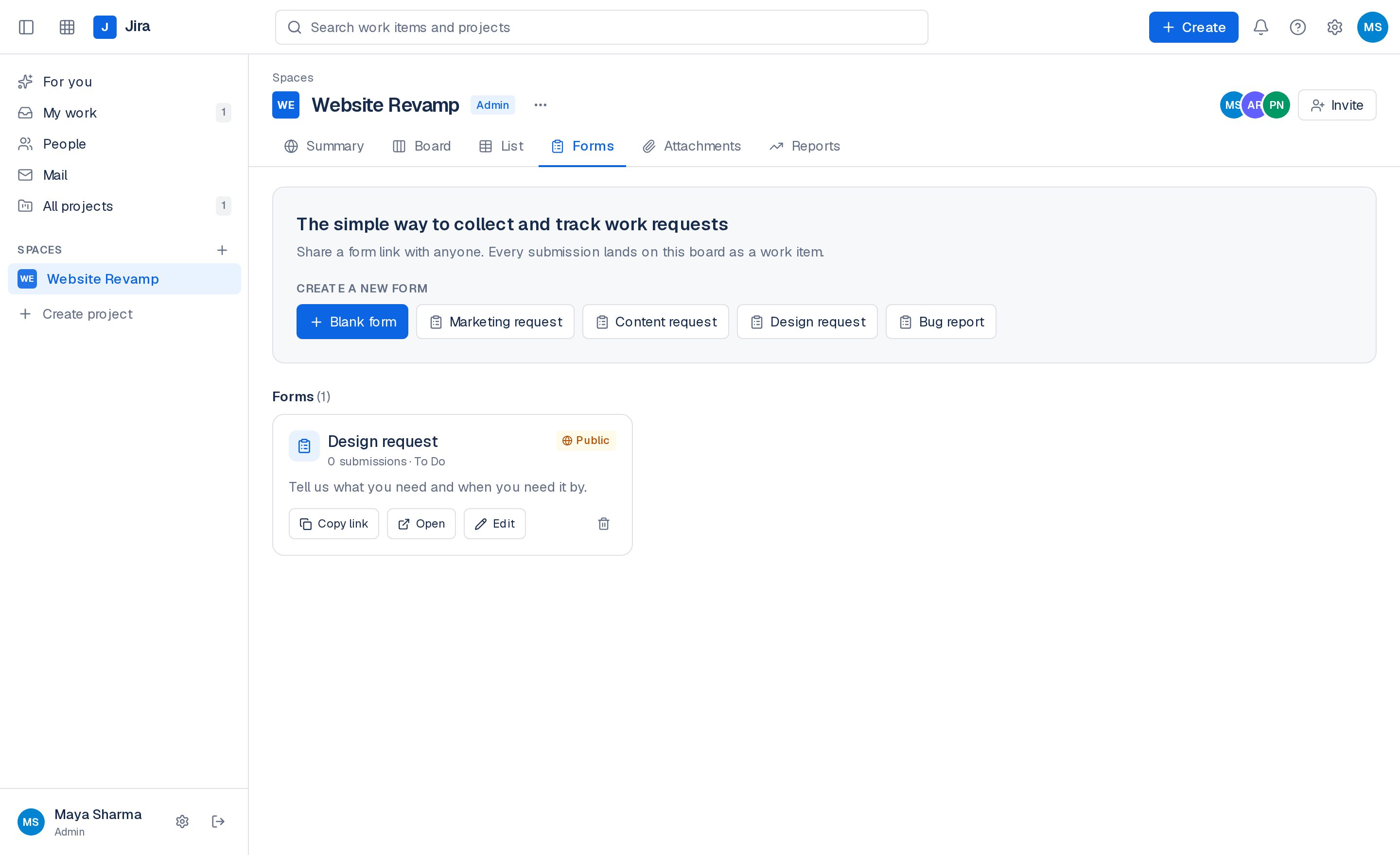Forms tab with request templates