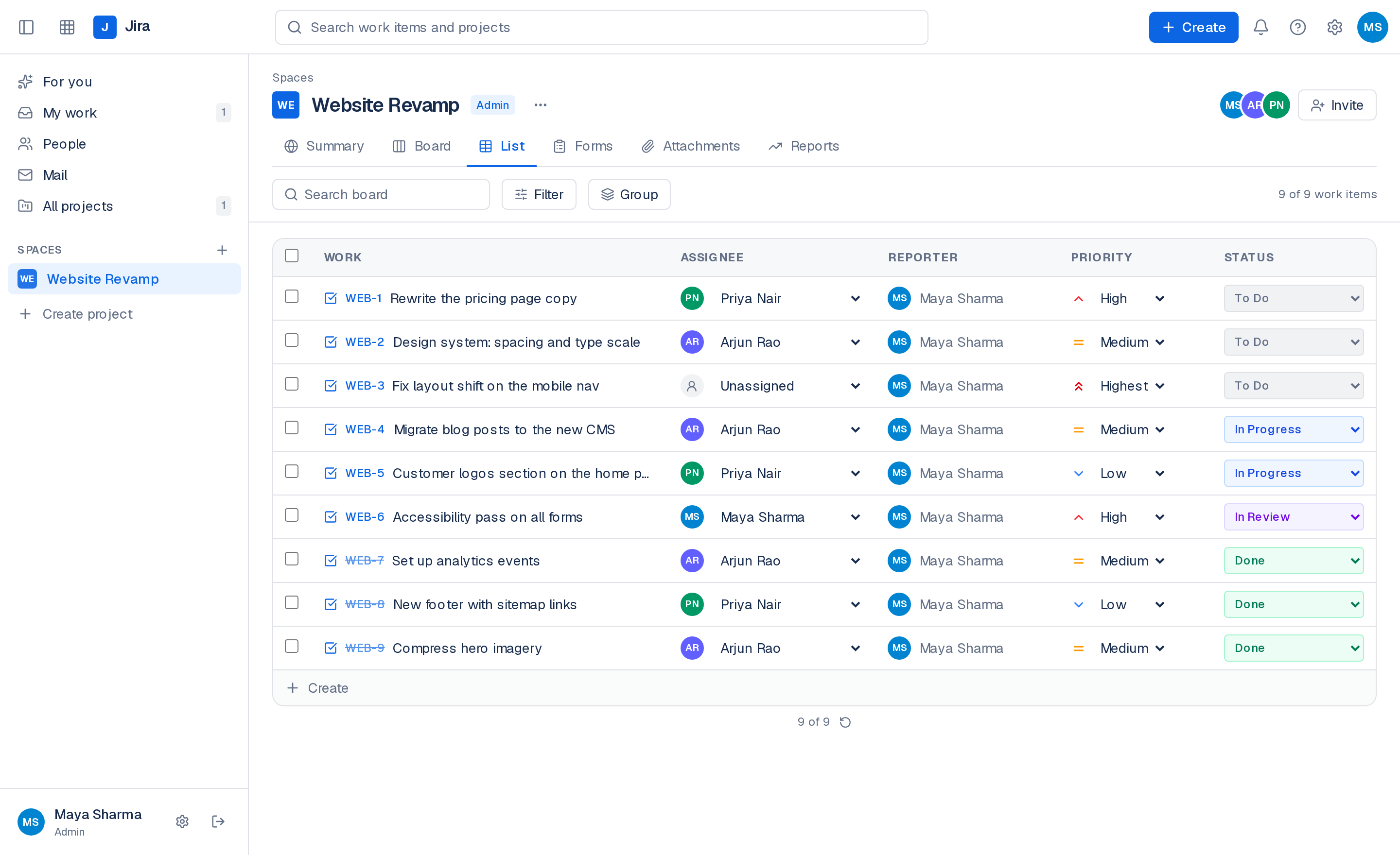 List view with inline status, assignee and priority controls